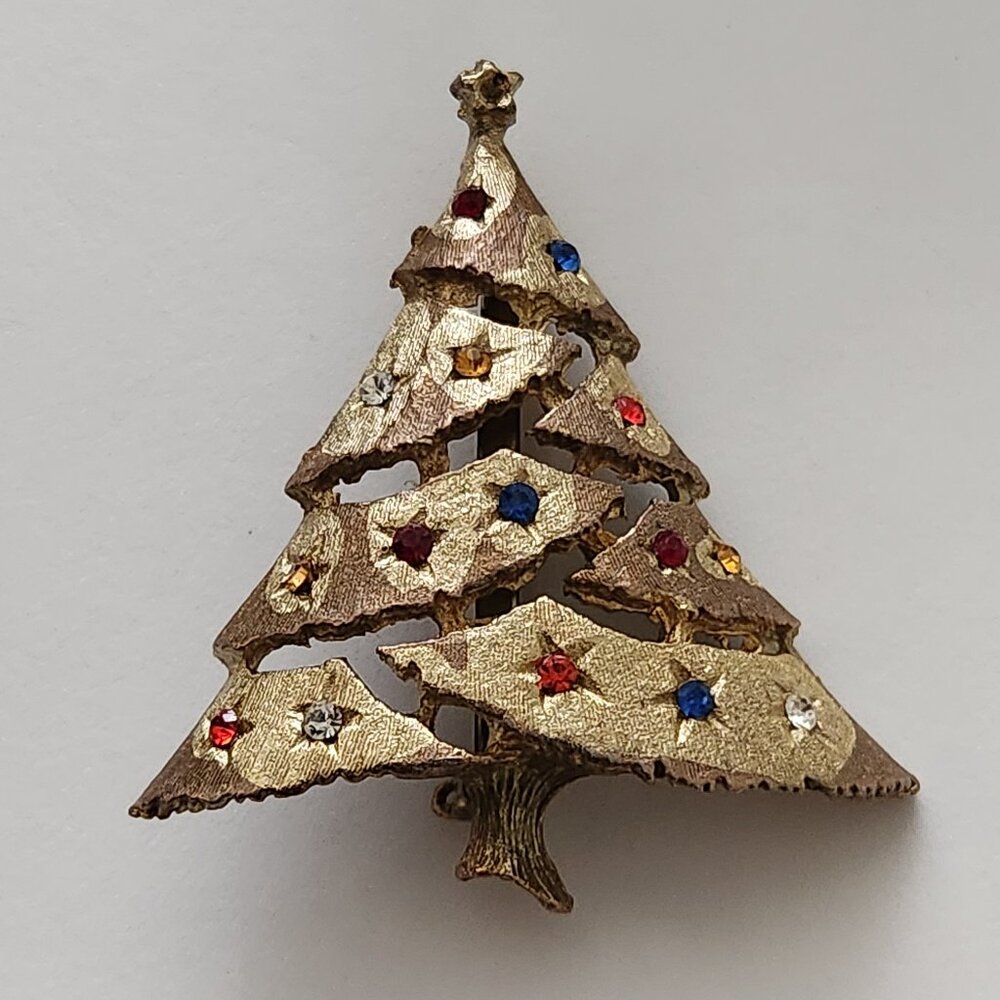 Vintage Christmas Tree Brooch Gold-Tone Metal Colored Rhinestones
